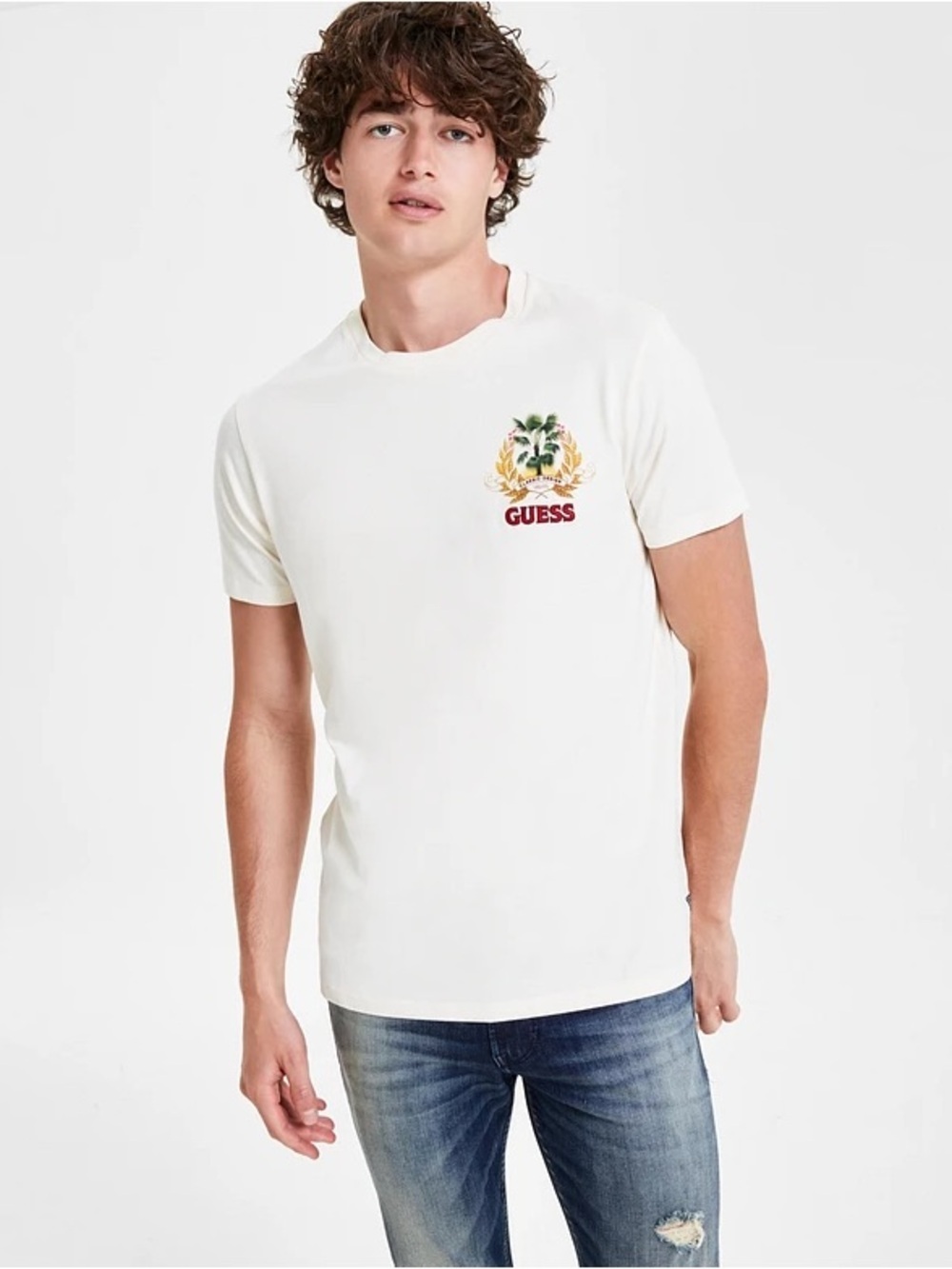 New GUESS White Short-Sleeve Tee with Tropical Crest Graphic SZ L - Picture 3 of 9